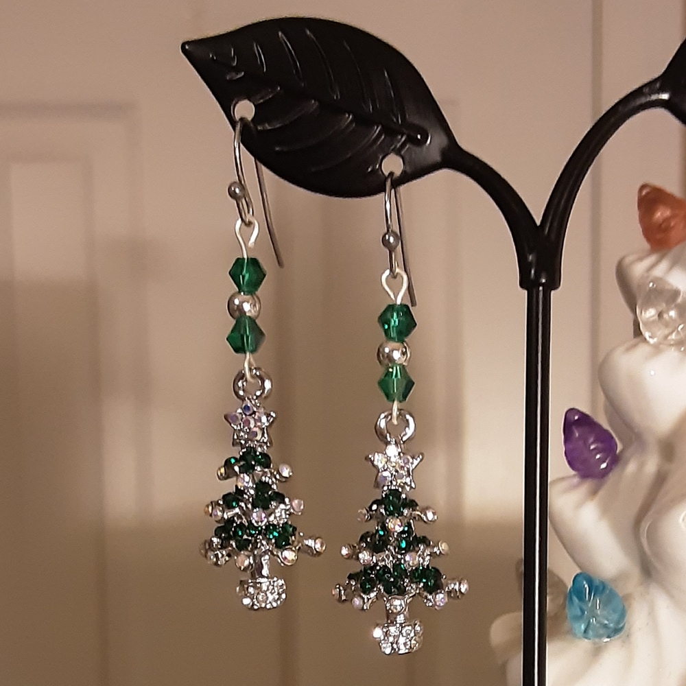 Hand Crafted Rhinestone Christmas Tree Earrings Green